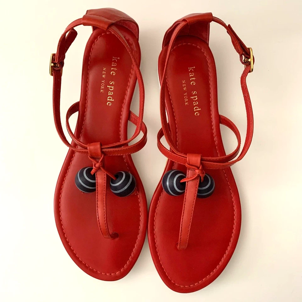 Kate Spade Leather T-Strap Gladiator Thong Sandals Shoes sz 6 Red Balls - Image 2 of 4