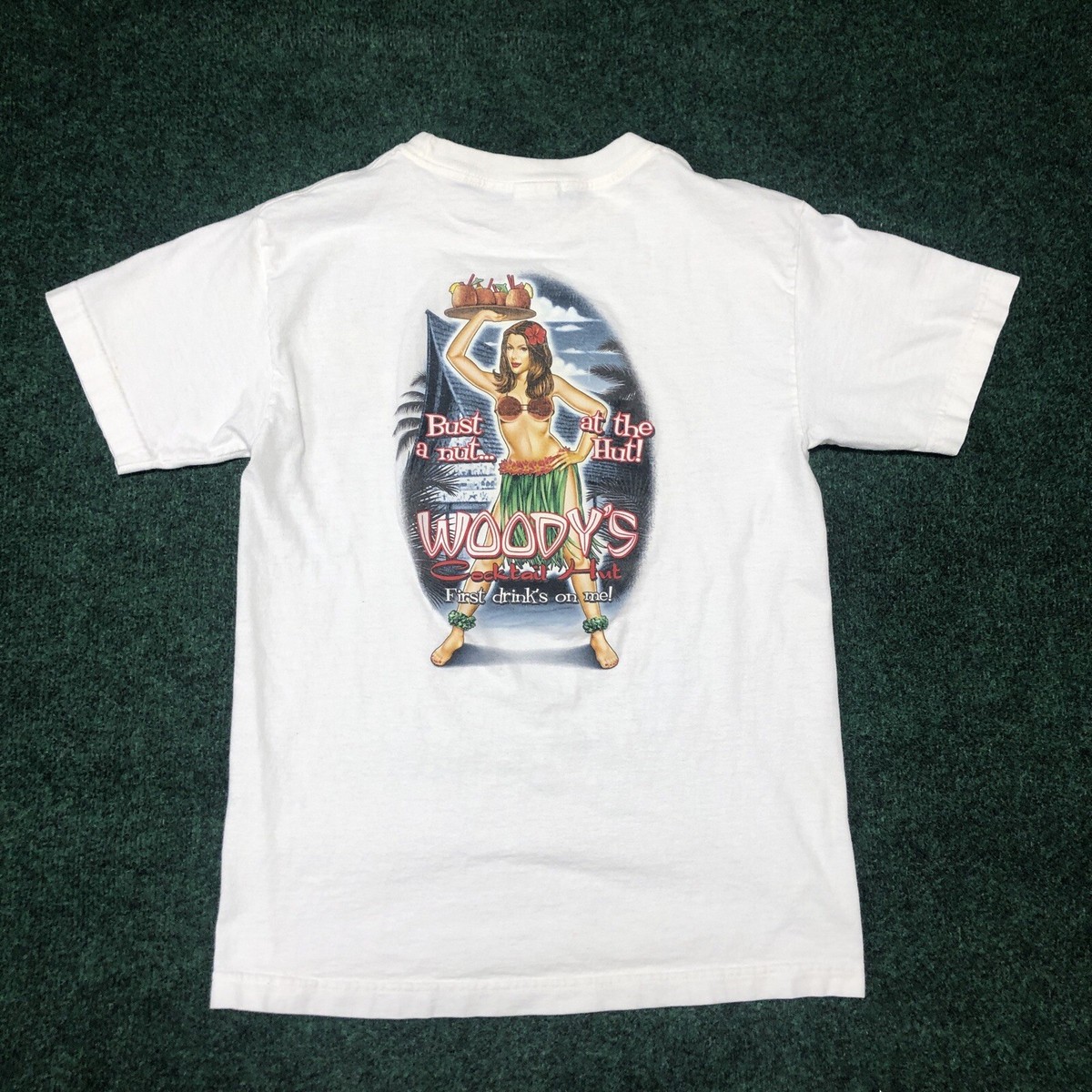VTG Woodys Cocktail Hut T-Shirt Size S Bust a Nut at the Hut Hula Girl Dive  Bar | eBay
