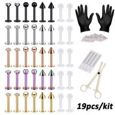 19PCS Body Piercing Kit 14G 16G Tools 316L Steel Lip Studs Ear Nose Septum Ring