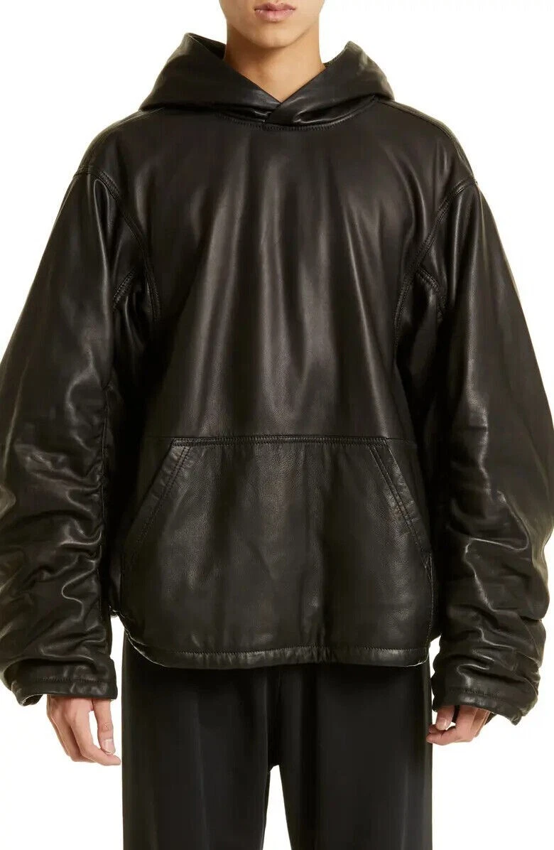 Men's Black Oversized Casual Hoodie Leather Jacket Soft Lambskin Coat