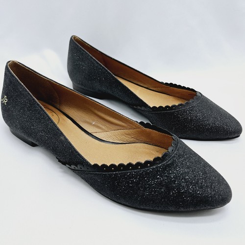 Jack Rogers Sz 7 Black Caroline Glitter Flats Scalloped Edges Pointed Toe