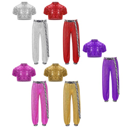 Kids Girls Set Elastic Waist Outfit Jazz Suits Sequins Pants Sparkly Trousers - Picture 8 of 81