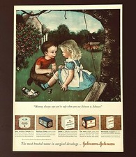 1949 Johnson & Johnson Advertisement Boy putting Bandage on Girl Vtg Print AD