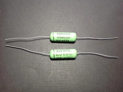 2 pcs Cornell Dubilier Greenie capacitor 600 VDC .022 MFD PM6S22 NOS
