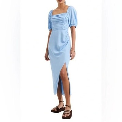 French Connection Afina Verona Puff Sleeve Ruched Midi Dress Pale Blue SMALL