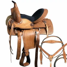 Leather Western Barrel Racing Horse Tack Saddle Premium Quality Set Size 15".