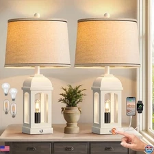 QiMH Rustic 26" Table Lamps Set of 2 - White Touch Lamps with USB & 3-Way Dimmer