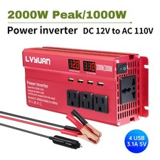 1000W 2000W DC 12V to AC 110V Power Inverter Car Converter Camping 4USB 3AC LED
