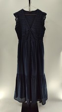 Quince Women Organic Textured Cotton Smocked V-Neck Midi Dress Navy L