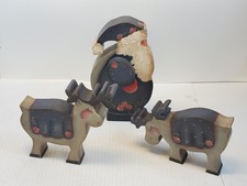 Hand-Carved Wooden Santa Claus And 2 Reindeer Wooden Figures Festive Please Read