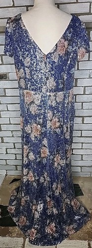 ☆ Oleg Cassini Women's Short Sleeve Floral Sequence Formal Dress Size 16 Blue - Picture 4 of 10