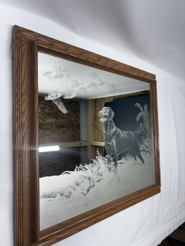 Vintage Etched Mirror Labrador Hunting Ducks Wood Frame 23” X 19” - Picture 7 of 10