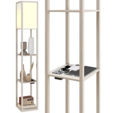 HOMCOM Lampada da Terra LED con Ripiani, Luce Regolabile e USB, Bianco e Rovere