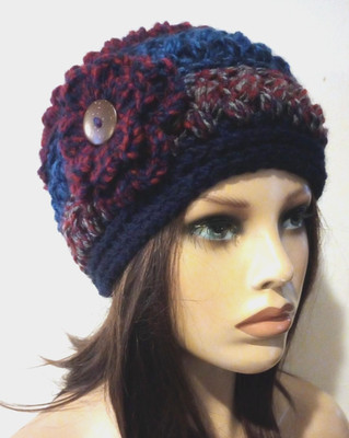 crochet handmade womans flower hat backgammon blue puffs new