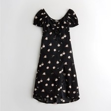 Hollister Black Dress Pink Floral Design smocked back puff sleeve cottagecore