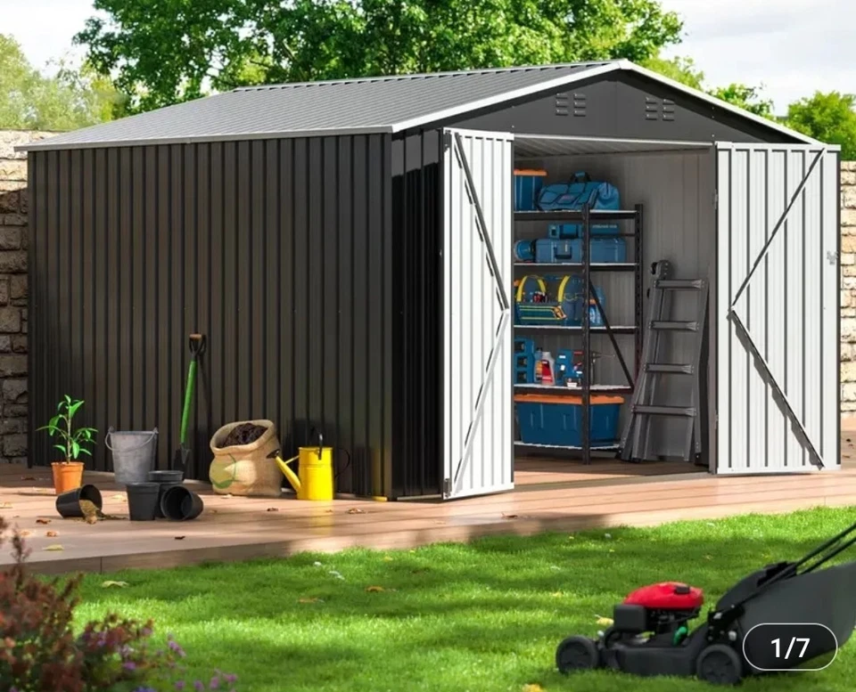 Cobertizo de almacenamiento exterior de alta calidad de 10 x 10 pies, metal, puertas con cerradura, (marrón) Foto 3 de 4