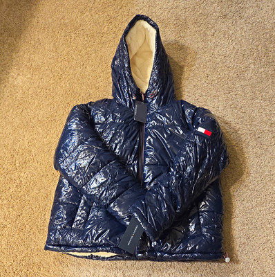Tommy Hilfiger Women's Reversible Hooded Puffer Jacket Full Zip Blue/Ivory M