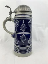 Original Gerzit Gerz German Beer Stein Pewter Lidded Cobalt Blue Spades Motif
