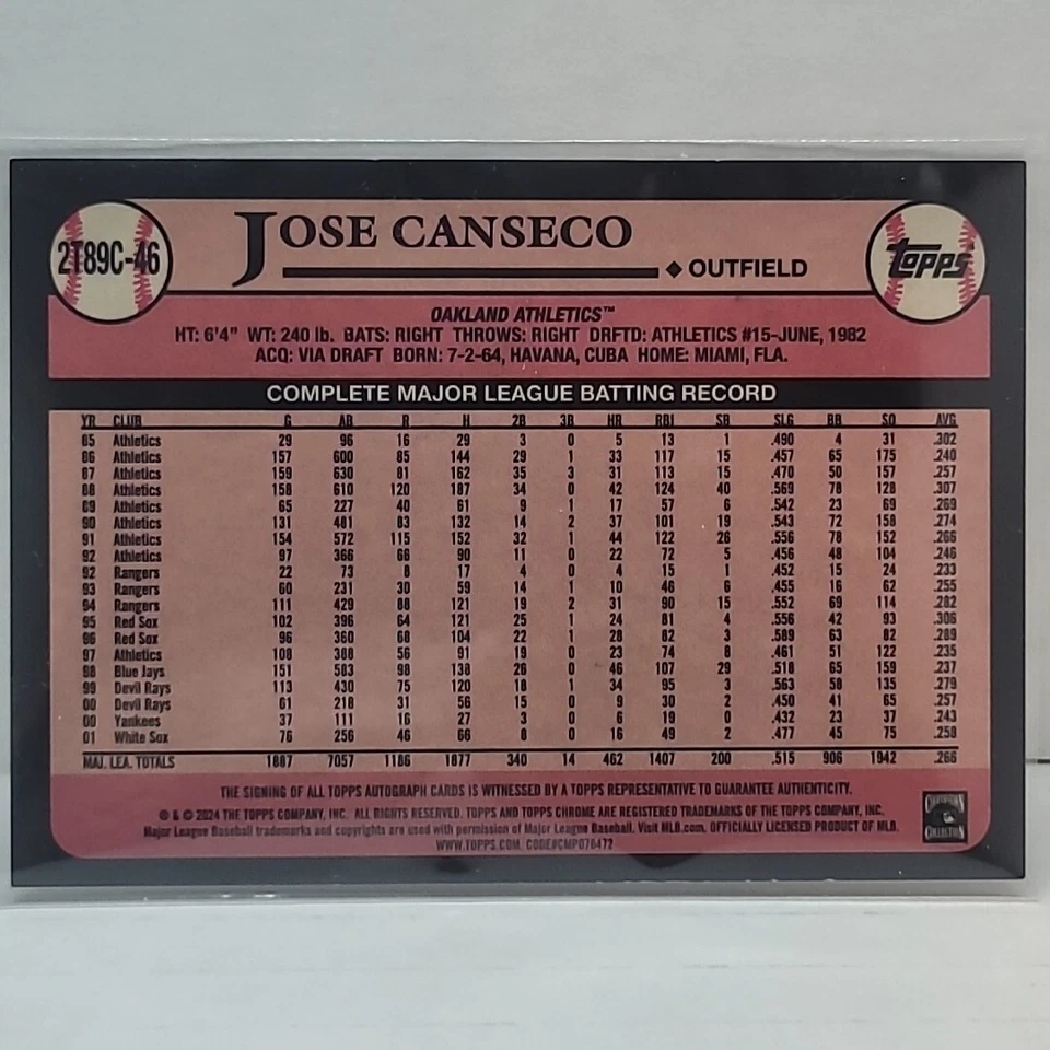 2024 Topps Chrome Series 2 35TH Anniversary Jose Canseco #2T89C-46 Autograph - Image 2 of 2