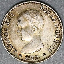1892 (22) Spain 50 Centimos Mint Error XF King Alfonso XII Silver Coin 25060801R
