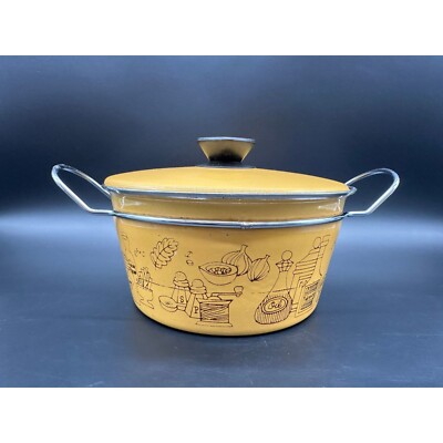 Vintage Enamel Pot Pan Metal Holder Enamelware Yellow Lid Retro Kitchen 70s READ