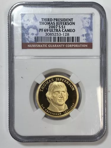 2007-S $1 PF 69 ULTRA CAMEO THIRD PRESIDENT THOMAS JEFFERSON NGC