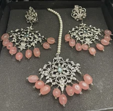 Pakistani Indian Jewelry Set. Earrings And Tikka. Silver Pink Blue.
