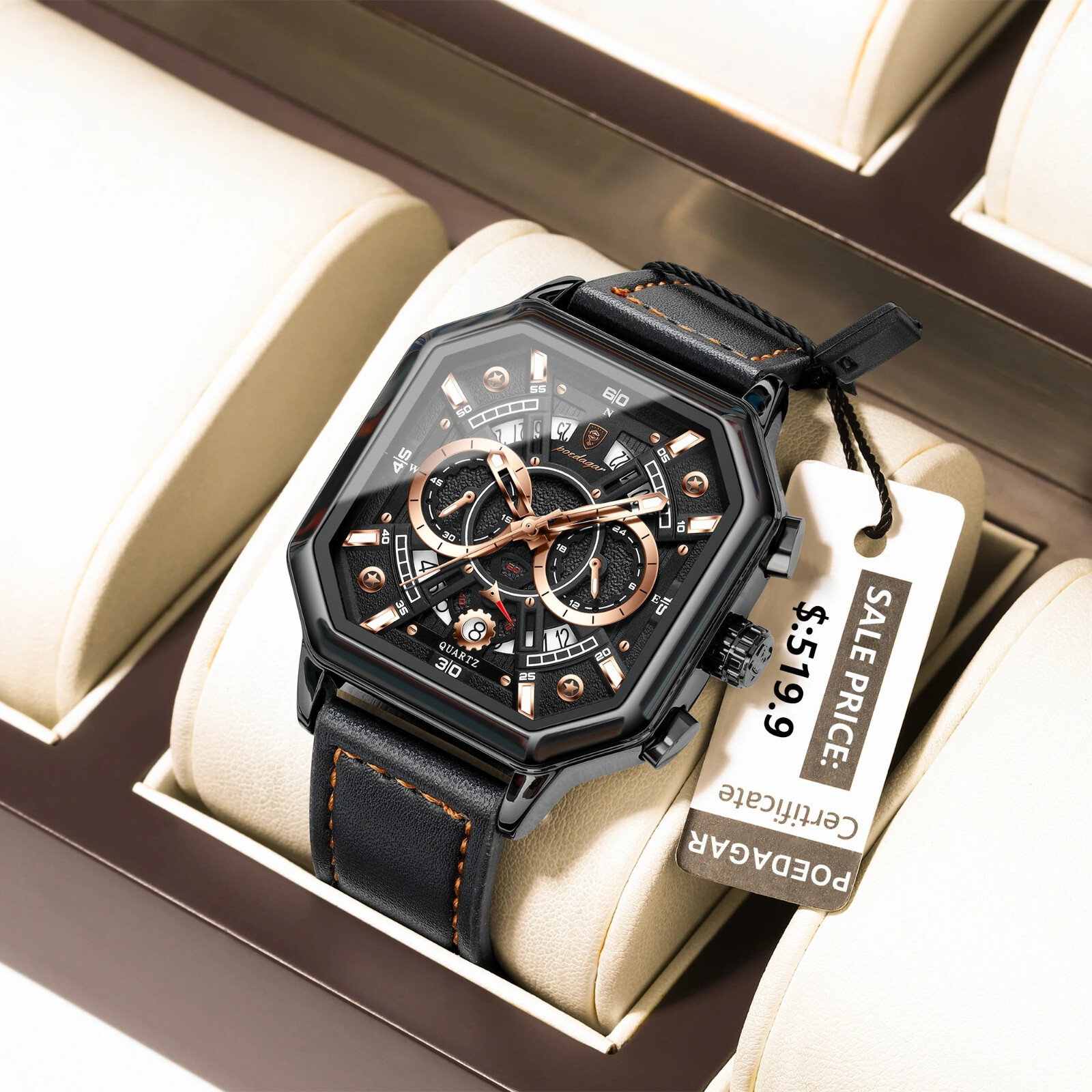 Chronographe carré homme étanche avec date et cadran sport lumineux