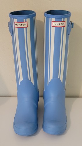 Hunter Stripe Tall Rain Boots, Blue/White, Women's sz 6 EU 37
