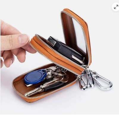 Car Key Holder Key Chain Bag Cowhide Genuine Leather Auto Key Fob Case 2 Pockets