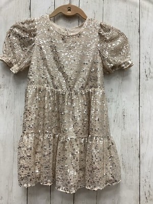 Cat & Jack Girls' Champagne Gold Sequin Puff Sleeve Tiered Party Dress XS 4/5