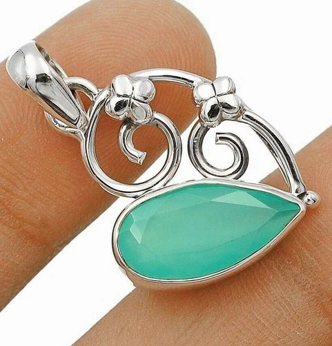 Natural Aquamarine Chalcedony 925 Solid Sterling Silver Pendant @8-6