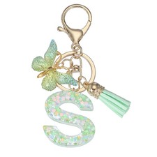 Alphabet Initial Letter Keychain Cute Charm with Tassel Butterfly Letter S Green