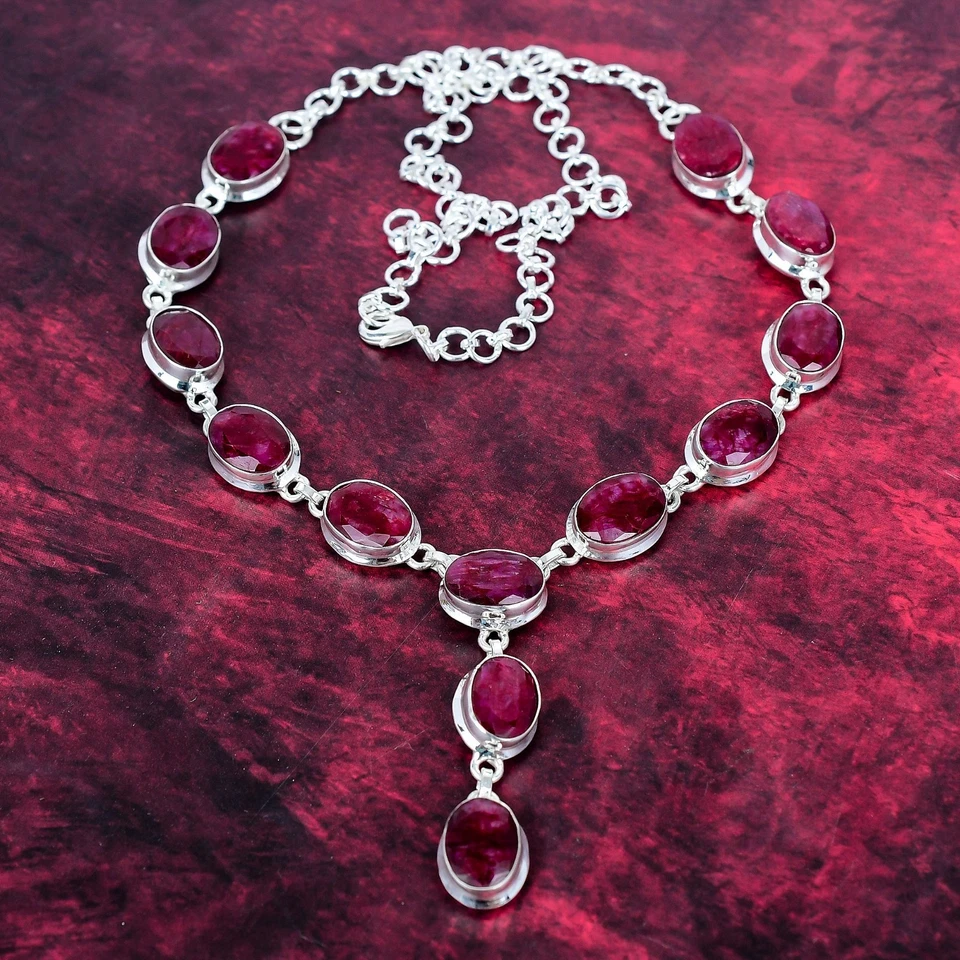 Lab-Created Ruby Gemstone Handmade 925 Silver Necklace Jewelry Gifts For Love - Image 4 of 4