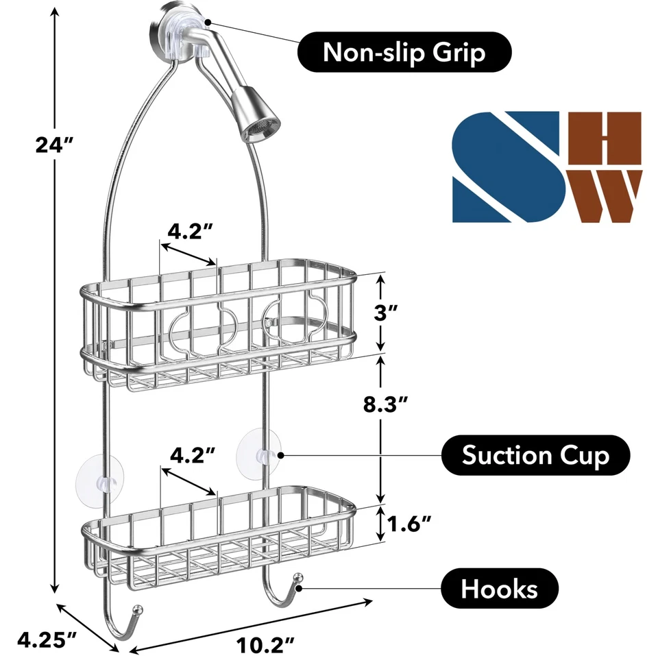 Hanging Shower Caddy, Stainless Steel Organizer, 24 Inch, Bathroom, Silver - Image 2 of 4