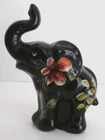 Vintage Fenton Black Glass Elephant Figurine Hand Painted Signed M. Young 3.8”
