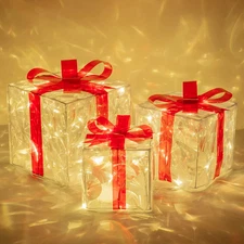 Set of 3 LED Lighted Christmas Gift Boxes with Red Bows for Holiday Decor