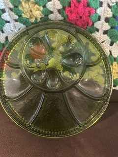 Vintage Indiana Glass Green Divided Platter Egg Plate