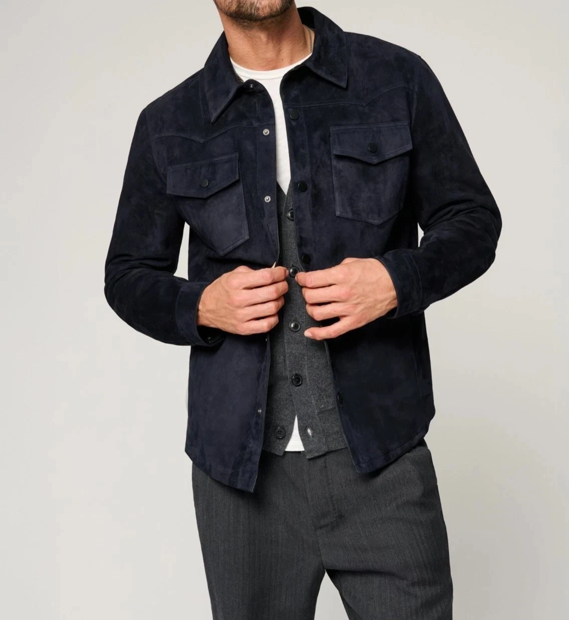Men's Leather Trucker Jacket Navy Blue 100% Pure Suede Denim Style S M L XL- 224