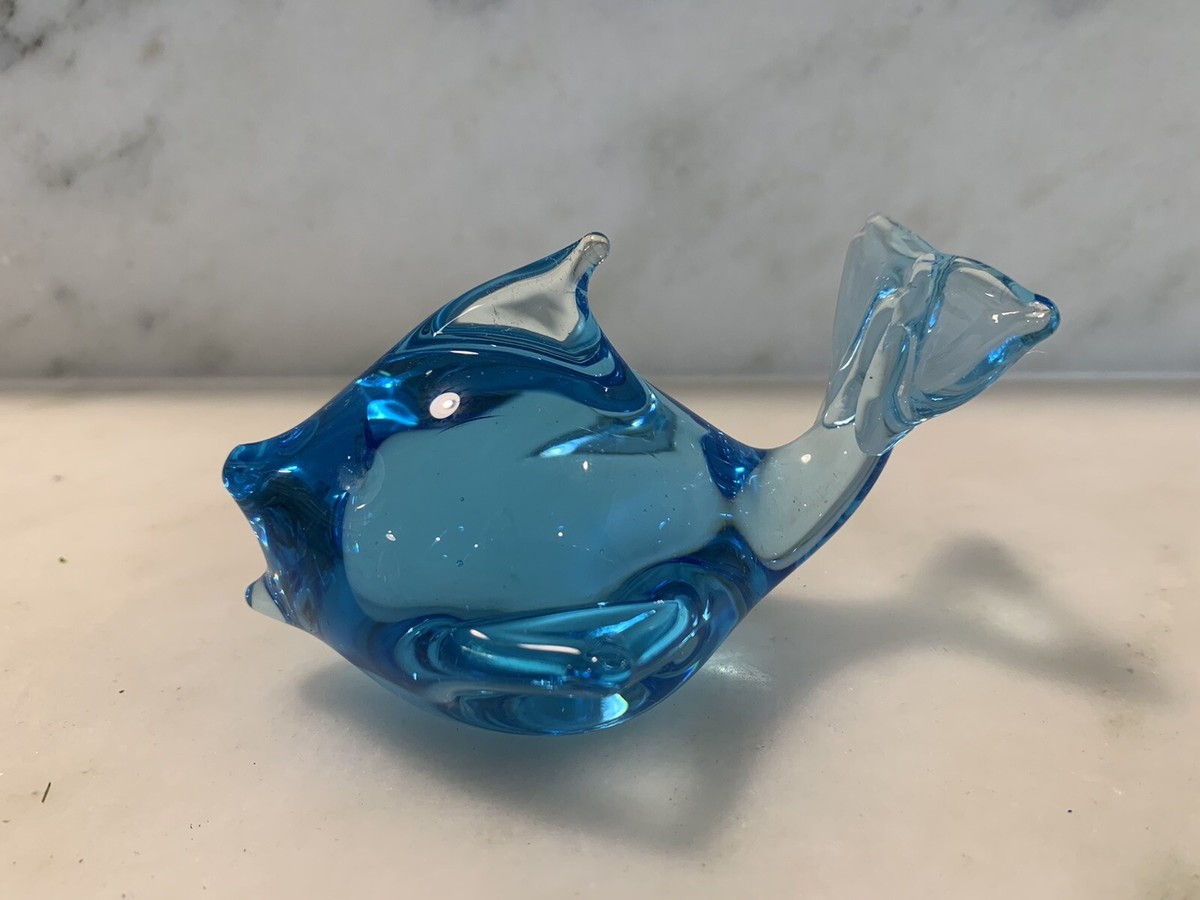 Vintage Blown Art Glass Fish Blue Paperweight Figurine