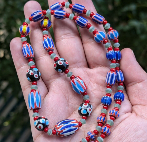 Venetian Style Chevron & whiteheart,Eyes Glass with Jade Beaded Necklace