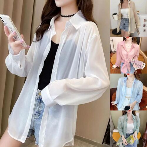 Women Shirt Chiffon Cover Up Ladies Long Sleeved Long Sleeves S M L XL Soft - Picture 1 of 21