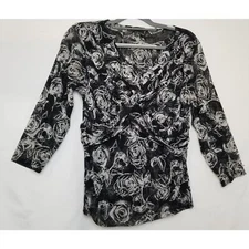 Alfani Petite Sheer Black White Floral Criss Cross Draped Front V-Neck Size P/L