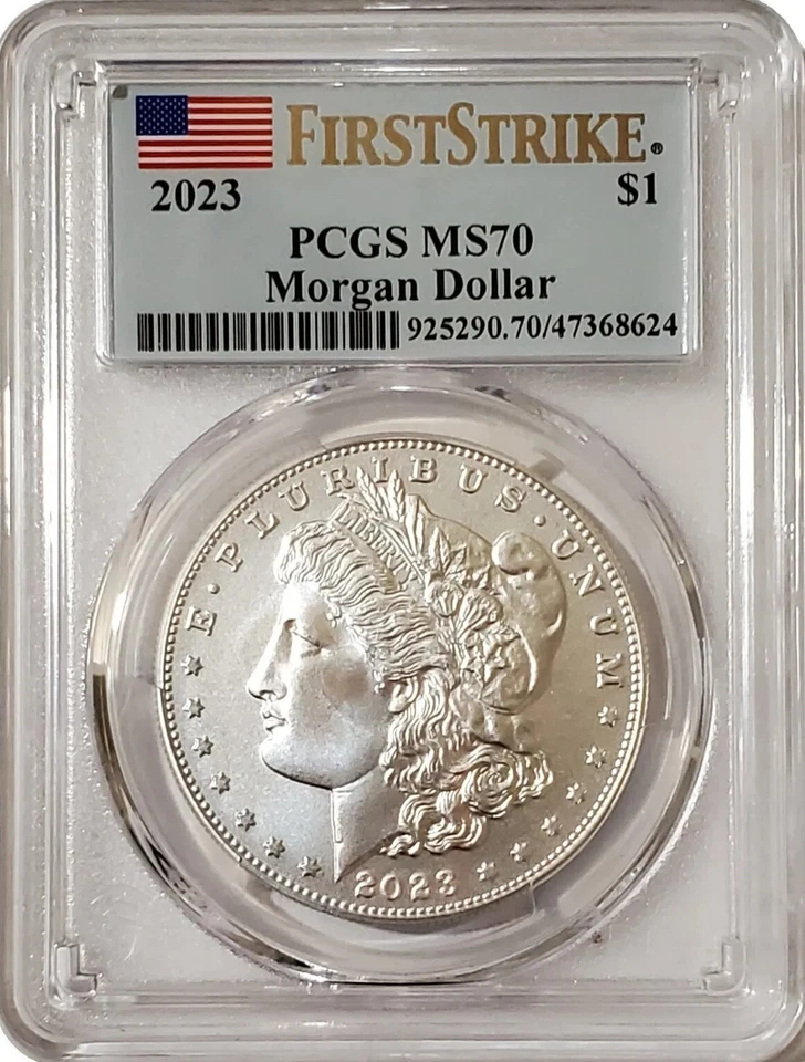 2023-P $1 MORGAN DOLLAR PCGS MS70 First Strike US Flag Label Silver Coin. - Image 3 of 4