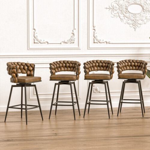 28"Technical Leather Woven Bar Stool Set of 2,Black legs Barstools No Adjustable - Picture 4 of 8