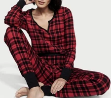Victoria Secret Womens LARGE Thermal Pajamas 2-pc Set Henley Top & Pants VS56A