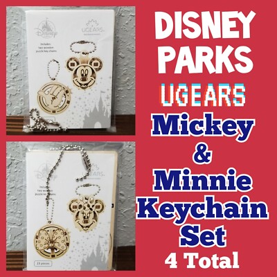 Disney Parks UGears Keychain Set Mickey & Minnie Mouse Set 4 Wooden Puzzles