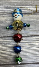 Vtg Christmas Ornament Red Blue Green Jingle Bell Snowman Plastic Head 6”