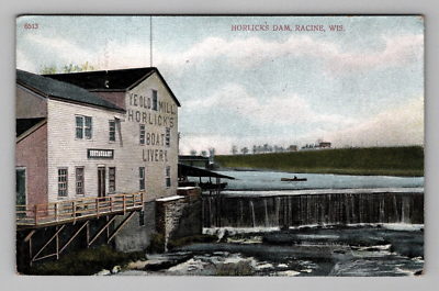 #ad Horlicks Dam Racine Wisconsin WI Boat Livery Restaurant View 1909 Postcard $9.95