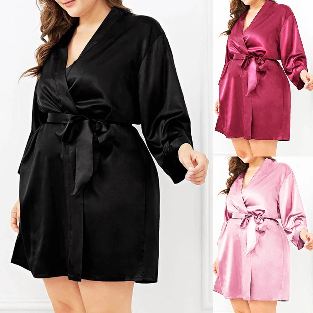 Plus Size Womens Satin Silk Sleepwear Kimono Dress Bride Bathrobe